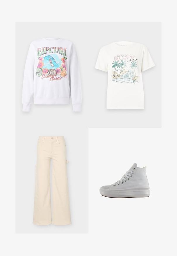 Weißer Sweatshirt mit einem bunten Grafikdruck, der "Ripcurl" oben zeigt, tropische Blumen und eine Surfszene. Klassisch geschnitten.; Weißes T-Shirt mit einer tropischen Szene aus Palmen, Meereswellen und dem Text "ROXY mit Herz" in Pastellfarben auf der Vorderseite.; Beige Hose mit weitem Bein, Front- und Gesäßtaschen, Gürtelschlaufen, Knopfverschluss und einem seitlichen Schlaufen-Detail vor einfarbigem Hintergrund.; Weißer High-Top-Canvas-Sneaker mit weißen Schnürsenkeln, metallischen Ösen, dicker Gummisohle und strukturierter Zehenkappe, nach links auf weißem Hintergrund ausgerichtet.