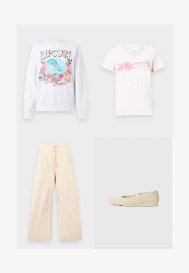 Sweatshirt blanc avec un imprimé graphique coloré portant "Ripcurl" en haut, des fleurs tropicales et une scène de surf. Coupe au style classique.; T-shirt blanc à col en V avec des rayures roses et beige, des fleurs d'hibiscus roses, et le logo "Rip Curl" sur la poitrine.; Pantalons à jambes larges en beige clair, fabriqués dans un tissu texturé. Dotés d'une taille élastique avec cordon de serrage. Design simple et sans embellissement.; Ballerines beiges avec une exterior en cuir lisse, un bout en forme d'amande et une sangle élastique sur le coup de pied, avec des détails de couture subtils.