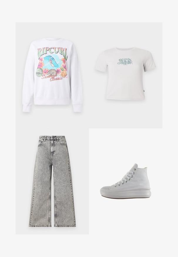 Weißer Sweatshirt mit einem bunten Grafikdruck, der "Ripcurl" oben zeigt, tropische Blumen und eine Surfszene. Klassisch geschnitten.; Kurzes, weißes, geripptes T-Shirt mit kurzen Ärmeln und einem kleinen grünen Blumenmotiv in der Mitte der Brust.; Weit geschnittene Jeans aus verblasstem schwarzem Denim, mit hoher Taille, klassischem Fünf-Taschen-Design und sichtbaren Nähdetails.; Weißer High-Top-Canvas-Sneaker mit weißen Schnürsenkeln, metallischen Ösen, dicker Gummisohle und strukturierter Zehenkappe, nach links auf weißem Hintergrund ausgerichtet.