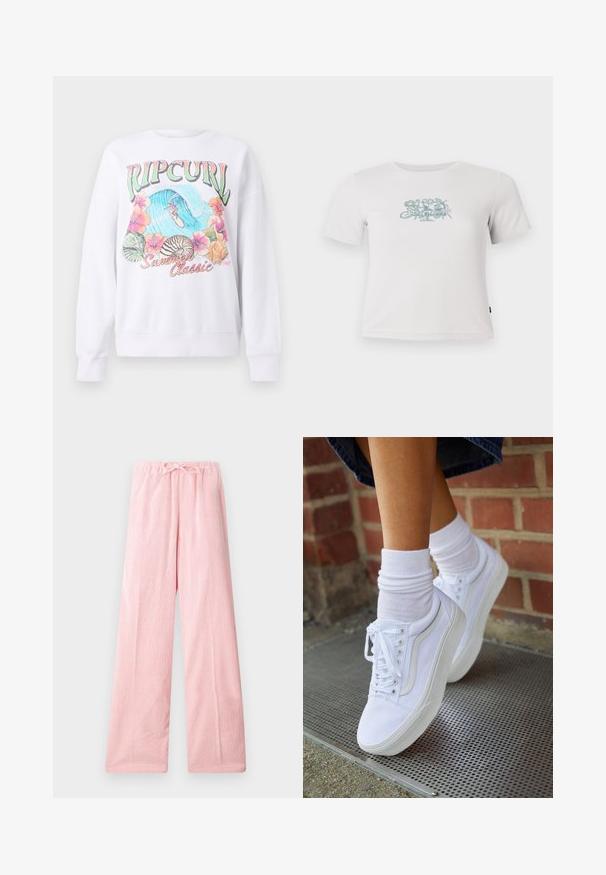 Hvid sweatshirt med et farverigt grafisk print med "Ripcurl" øverst, tropiske blomster og en surfescene. Klassisk stylet pasform.; Kort hvid stribet T-shirt med korte ærmer og et lille grønt blomsterdesign centreret på brystet.; Lyserøde vide bukser lavet af blødt stof, med en elastisk talje og snøre for justerbar pasform og subtil tekstur.; Hvide lærreds sneakers med gummisåler, der har seks snørehuller, rund tå og let sømdetaljer, krydret med hvide ankelstrømper.