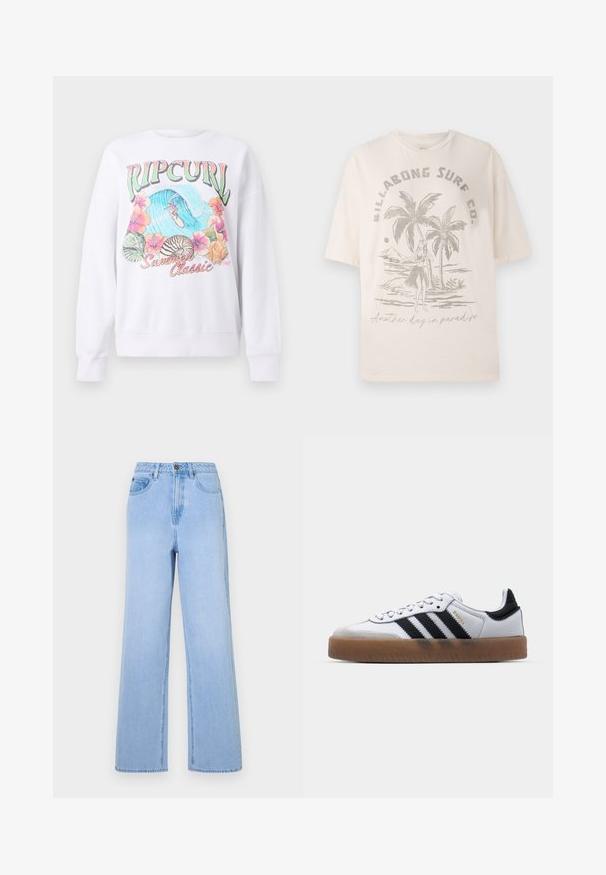 Weißer Sweatshirt mit einem bunten Grafikdruck, der "Ripcurl" oben zeigt, tropische Blumen und eine Surfszene. Klassisch geschnitten.; Cremefarbendes Baumwoll-T-Shirt mit kurzen Ärmeln, das auf der Vorderseite eine Grafik von Palmen und einer Figur zeigt, der Text lautet "Ein weiterer Tag im Paradies."; Hellblaue High-Waist-Jeans mit weitem Bein, aus Denim gefertigt. Hervorgehobene Nähte und Fünf-Taschen-Design.; Weiße Leder Sneakers mit schwarzen Streifen, Gummigummi-Außensohle, runder Zehenform, Schnürverschluss und weichem grauem Wildleder-Zehenkappe.