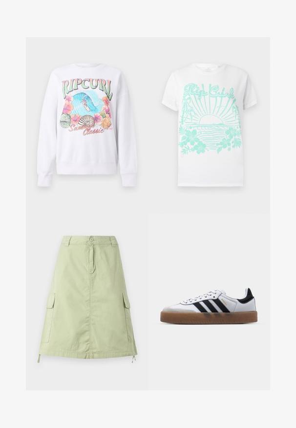 Hvid sweatshirt med et farverigt grafisk print med "Ripcurl" øverst, tropiske blomster og en surfescene. Klassisk stylet pasform.; Hvid t-shirt med korte ærmer og turkistryk af en solnedgang over havbølger, palmetræer, hibiscusblomster og "Rip Curl" tekst.; Lys grøn bomuldsknælang nederdel med to sidelommer, en knaplukning og en afslappet lige pasform. Ensartet tekstur.; Hvide lædersneakers med sorte striber, gummirubber sål, rund tå, snørelukning og blød grå ruskinds tåhætte.