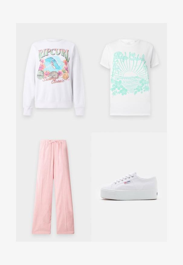 Weißer Sweatshirt mit einem bunten Grafikdruck, der "Ripcurl" oben zeigt, tropische Blumen und eine Surfszene. Klassisch geschnitten.; Weißes T-Shirt mit kurzen Ärmeln und türkisfarbenem Aufdruck einer Sonne, die über den Wellen des Ozeans untergeht, mit Palmen, Hibiskusblüten und dem Text "Rip Curl".; Helle rosa weit geschnittene Hose aus weichem Material, mit einem elastischen Bund und einer Kordelzug für eine anpassbare Passform und feiner Textur.; Weiße Leinenschuhe mit einer dicken weißen Plattformsohle, runder Zehenpartie und Metallösen für die Schnürsenkel. Markenlogo an der Seite angebracht.