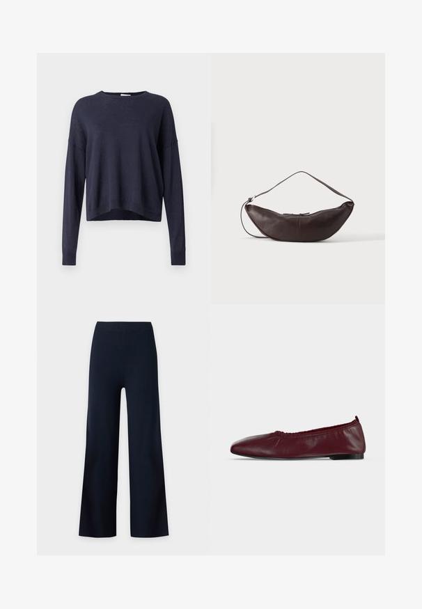 Pull en maille bleu marine avec une coupe décontractée, col rond et manches longues. Doté de poignets et d'un ourlet côtelés, en tissu léger et texturé.; Pantalon noir à jambes larges avec taille haute et sans fermetures visibles, présenté sur un fond blanc uni.; Ballerine plate en cuir bordeaux avec bord supérieur élastique froncé et fine semelle noire sur fond blanc.; Sac d'épaule en cuir marron foncé en forme de croissant avec une lanière courbée et des coutures visibles sur fond uni.