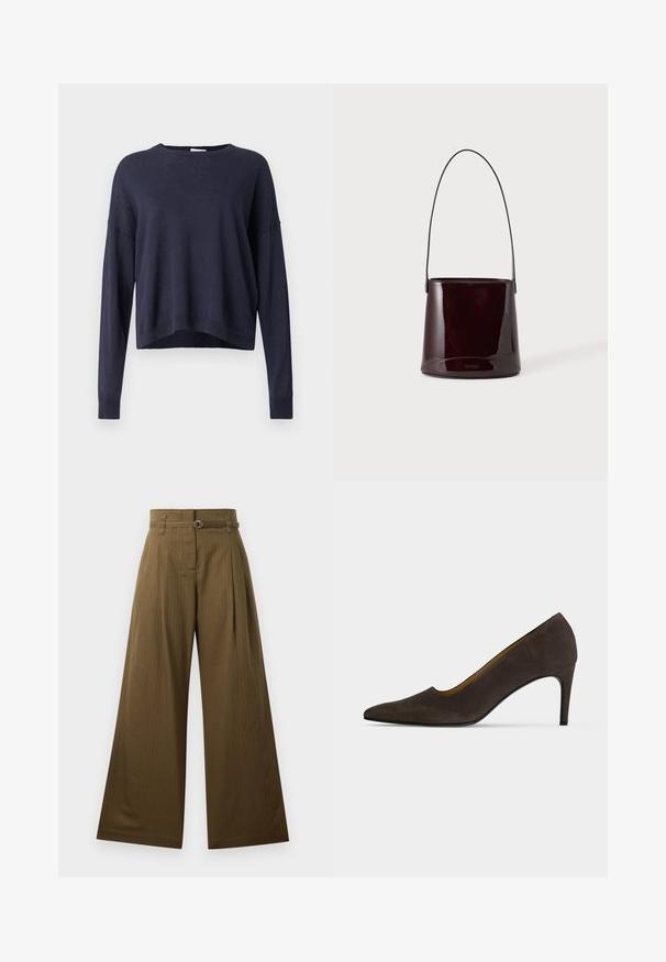 Pull en maille bleu marine avec une coupe décontractée, col rond et manches longues. Doté de poignets et d'un ourlet côtelés, en tissu léger et texturé.; Pantalons larges en tissu vert olive, avec une taille haute, des plissés à l'avant et un détail de boucle de ceinture circulaire en argent. Texture lisse.; Chaussure à talons hauts brun foncé à bout pointu, finition lisse et talon fin sur un fond clair uni.; Sac seau brun foncé brillant avec une longue sangle fine et des coutures visibles minimales sur un fond clair.