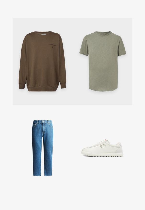 Brun bomulds sweatshirts med rund hals, lange ærmer og ribbede manchetter. Har broderet tekst "Lunar Hypnosis" og en lille stjerne accent.; Enkelt t-shirt med korte ærmer og rund hals i dæmpet olivengrøn med diskret tekstur på hvid baggrund.; Mellemblå lige ben denimjeans med frontknap og lynlås, bælteløkker og forlommer på hvid baggrund.; Hvide lædersneakers med en glat overflade, rund form, grå detaljer, snørebåndslukning og en struktureret gummisål.