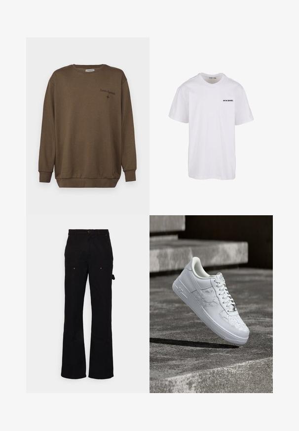 Brun bomulds sweatshirts med rund hals, lange ærmer og ribbede manchetter. Har broderet tekst "Lunar Hypnosis" og en lille stjerne accent.; Hvid bomulds t-shirt med korte ærmer, rund halsudskæring og et lille sort tekstlogo på venstre brystområde. Renset, minimalistisk design.; Sorte cargo-bukser med lige ben, der har to frontlommer og en sidelomme, lavet af slidstærkt stof med subtil tekstur.; Hvid Nike Air Force 1 sneaker med prægede stjernemønstre og en metallisk stjerne snørebåndsvedhæng, der svæver over en betongulv.