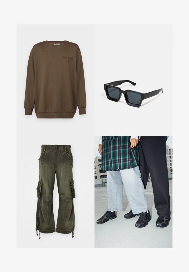 Sudadera de algodón marrón con cuello redondo, mangas largas y puños acanalados. Presenta texto bordado "Hipnosis Lunar" y un pequeño acento de estrella.; Pantalones cargo verde oliva de algodón con un corte holgado, que cuentan con bolsillos laterales, cremalleras en los tobillos y cordones en el dobladillo.; Zapatillas deportivas negras con acentos de malla y goma. Combinadas con jeans de pierna ancha de color gris claro y una blusa de cuadros verdes. Fondo de superficie plana.; Gafas de sol negras rectangulares con lentes oscuros. Montura de plástico grueso y liso con un acabado ligeramente brillante y patillas rectas.