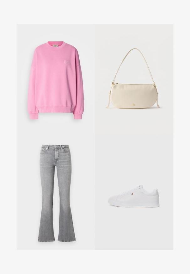 Sweatshirt rose en coton, avec un col rond, des manches longues, des poignets côtelés et un petit logo brodé sur la poitrine.; Jean en denim gris clair avec taille haute, bouton et fermeture éclair à l'avant, design à cinq poches, et jambes évasées.; Baskets basses blanches en cuir lisse, avec un bout rond et une semelle en caoutchouc plate. Présentent un logo discret sur le côté et des lacets blancs.; Petit sac à épaule de couleur crème avec une seule sangle, fermeture éclair et logo de marque doré discret à l'avant.
