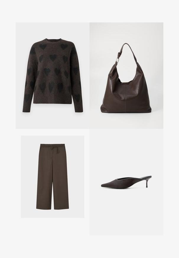 Suéter marrón con una textura suave, que presenta un patrón de corazones negros. Tiene un escote redondo y mangas largas.; Pantalones marrones de pierna ancha con trabillas para cinturón y un lazo de atar en la cintura, hechos de tela ligera, mostrados planos.; Zapato mule negro con punta puntiaguda, tacón stiletto bajo y acabado liso y elegante, mostrado de perfil sobre un fondo blanco.; Zign LEATHER - Bolso shopping - chocolate brown