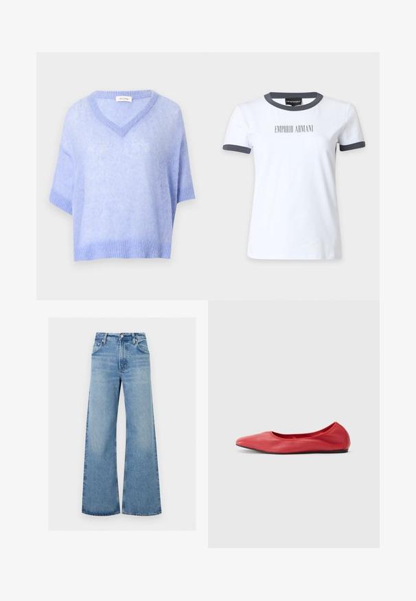 Pull doux bleu clair à manches courtes, col en V, avec ourlet et poignets côtelés, présenté sur un fond blanc.; T-shirt blanc à manches courtes avec bordure gris foncé au col et aux manches, avec le texte « "EMPORIO ARMANI" » centré sur la poitrine.; Jean en denim bleu clair taille haute à jambes larges avec bouton avant et poches, présenté à plat sur fond blanc.; Filippa K REY FLATS - Ballerines - bright red