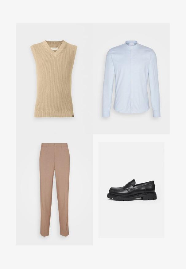 Beige, ærmeløs strikket sweatervest med V-udskæring og ribbet kant, vist mod en ensfarvet hvid baggrund.; Lyseblå langærmet skjorte med mandarin-krave, fremhævet af knaplukning og blødt, tekstureret stof. Skræddersyet pasform med rund kant.; Beige skræddersyede bukser i en glat, struktureret stof. Straight fit med en linning og uden synlige pyntedetaljer eller lommer.; Sort læderloafer med tyk rillede sål og penny-remdetalje, vist i højre sideprofil på hvid baggrund.