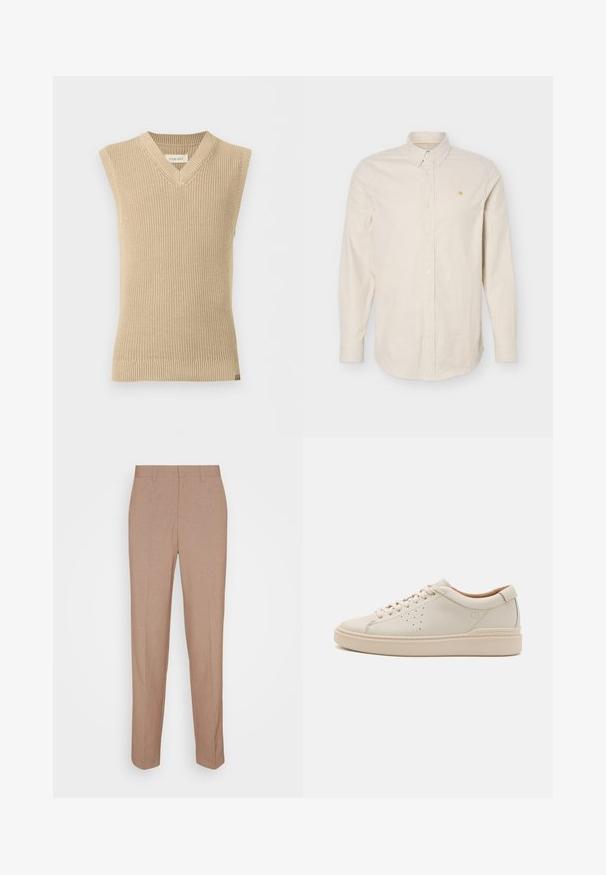 Beige, ærmeløs strikket sweatervest med V-udskæring og ribbet kant, vist mod en ensfarvet hvid baggrund.; Herre langærmet skjorte med knapper, beige og hvide lodrette striber og et lille gult broderet logo på venstre bryst.; Beige skræddersyede bukser i en glat, struktureret stof. Straight fit med en linning og uden synlige pyntedetaljer eller lommer.; Beige læder sneakers med rund tå, flade snørebånd, perforerede side detaljer og en tyk, tekstureret gummisål. Naturlig læderforing.