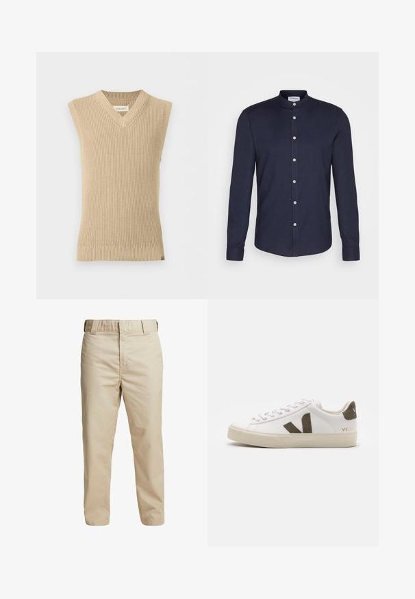 Gilet en tricot beige sans manches avec col en V et ourlet côtelé, présenté sur fond blanc uni.; Chemise à manches longues bleu marine avec un col à bande, fermeture à boutons sur le devant et poignets à deux boutons. Fabriquée dans un tissu lisse et texturé.; Pantalons en coton beige avec une coupe slim, des jambes droites et des passants de ceinture ; texture lisse et design minimaliste sans accents visibles.; Baskets en cuir blanc avec une semelle en caoutchouc beige clair. Présentent un logo en V en daim marron et une languette de talon. Fermeture à lacets avec une surface texturée.