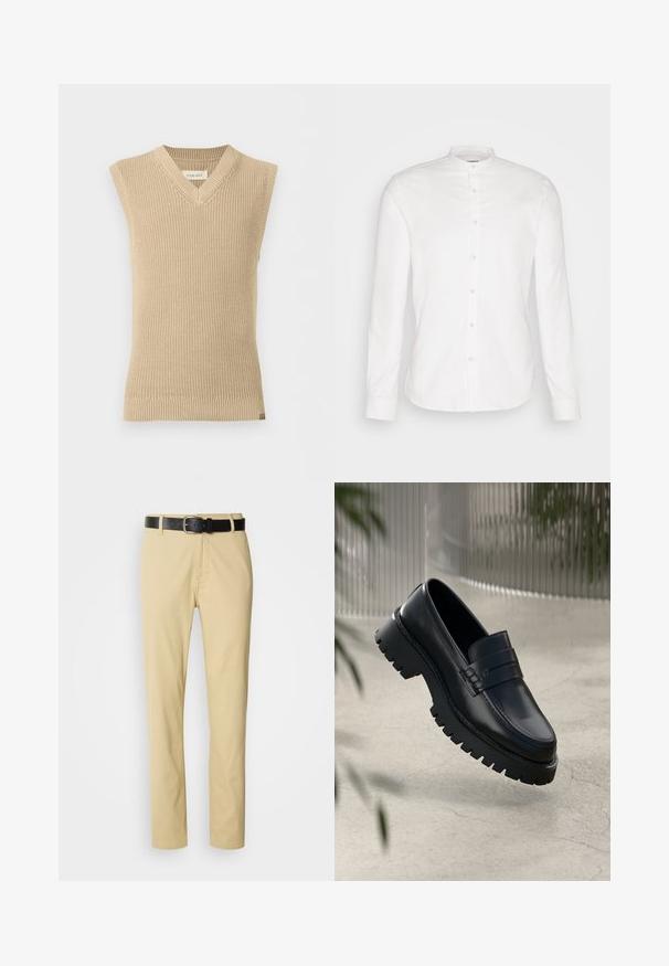 Beige, ærmeløs strikket sweatervest med V-udskæring og ribbet kant, vist mod en ensfarvet hvid baggrund.; Hvid, langærmet skjorte med kinesisk krave og frontlukning. Lavet af bomuld, med en glat tekstur og knaplukninger.; Beige bomuldsbukser med lige ben-design, sikret med et sort læderbælte med en sølvspænde.; Sorte læder loafers med en chunky sål, der har en dekorativ rem og syninger. Glat tekstur med en poleret overflade.
