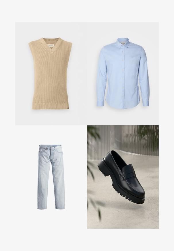 Chaleco de punto beige sin mangas con escote en V y bajo acanalado, mostrado sobre un fondo blanco liso.; Camisa de manga larga azul claro, hecha de algodón, que cuenta con un cuello abotonado, botones frontales y un logo sutil bordado en el pecho.; Vaqueros de mezclilla de color azul claro con un diseño de pierna recta, cierre de botón, cinco bolsillos y una textura de desgaste sutil. Presenta detalles de metal.; Mocasines de cuero negro con suela gruesa, que presentan una correa decorativa y detalles de costura. Textura suave con un acabado pulido.