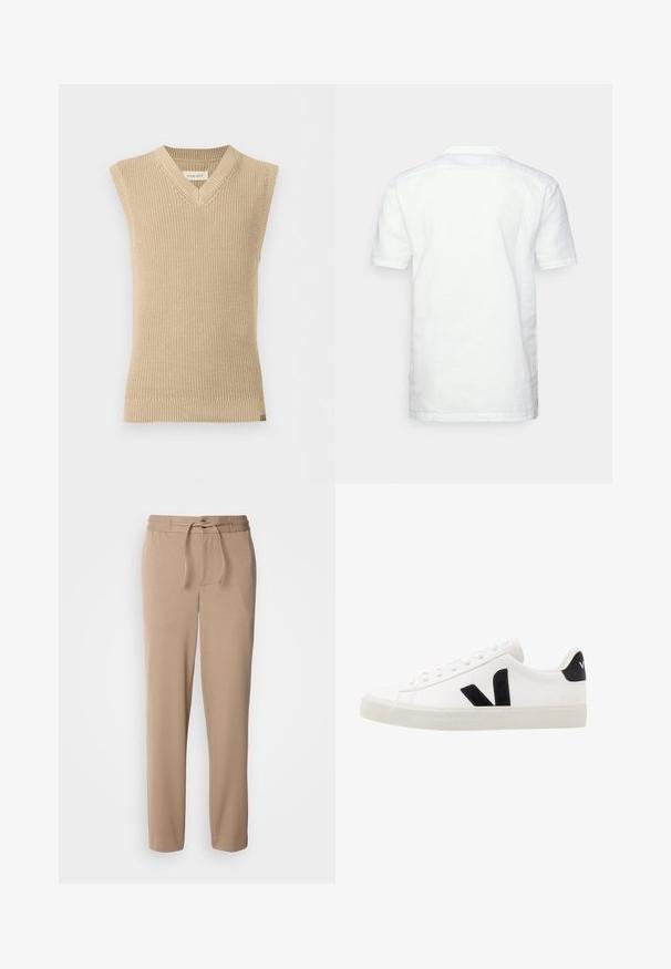 Gilet en tricot beige sans manches avec col en V et ourlet côtelé, présenté sur fond blanc uni.; Chemise blanche à manches courtes en lin avec un col plat, des coutures visibles et une coupe droite, vue de dos.; Pantalons de survêtement beige en coton doux, avec une taille élastique, un cordon de serrage, une coupe slim et des jambes droites sans motifs.; Sneaker blanche en cuir avec des accents en daim noir ; dispose d'une semelle en caoutchouc, d'un bout rond et d'un design classique à lacets. Logo latéral en noir.
