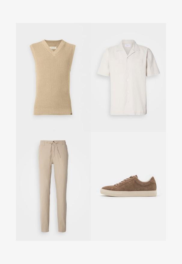 Beige, ærmeløs strikket sweatervest med V-udskæring og ribbet kant, vist mod en ensfarvet hvid baggrund.; Kortærmet, lys beige skjorte med tekstureret stof, skrå krave og to brystlommer, der har knaplukning foran.; Beige linnedbukser med lige snit, elastisk talje med snor og to sidelommer. Glat tekstur og minimalistisk design.; Brune ruskind casual sneakers med lav profil, flad beige gummisål og seks snørehuller. Rund toe og minimalistisk design.