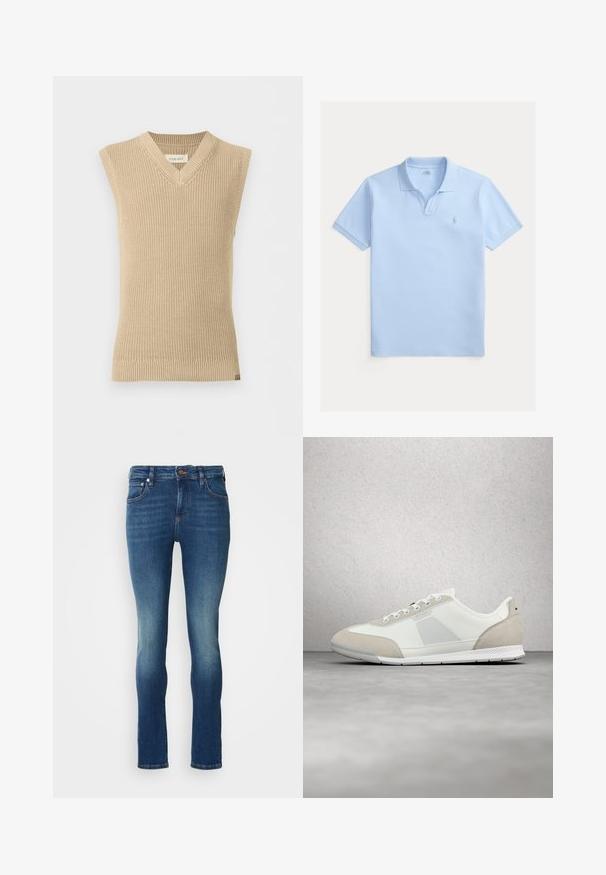 Chaleco de punto beige sin mangas con escote en V y bajo acanalado, mostrado sobre un fondo blanco liso.; Polo de color azul claro hecho de algodón, con cuello clásico y mangas cortas, con un pequeño logo bordado en el pecho izquierdo.; Vaqueros de mezclilla azul oscuro con una silueta ajustada, que cuentan con cinco bolsillos, cierre de botón y un ligero desvanecimiento a lo largo de los muslos.; Zapatilla casual blanca y beige con cordones, paneles texturizados y el logo "BOSS" en el lateral, flotando sobre un suelo de hormigón pulido.