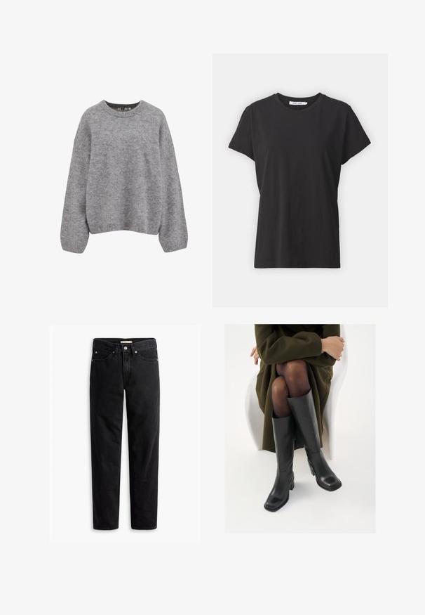 Blød lysegrå strikket sweater med lange ærmer og ribbede manchetter, kant og rund halsudskæring.; Sort bomulds t-shirt med klassisk rund hals, korte ærmer og afslappet pasform. Glat tekstur, ingen synlige mønstre eller detaljer.; Sorte straight-leg jeans med knap- og lynlåslukning, bæltestropper samt for- og baglommer, vist fladt på hvid baggrund.; Knæhøje sorte læder støvler med firkantet tå og blokhæl, vist med en model siddende i en olivengrøn frakke. Glat tekstur, minimal detaljer.