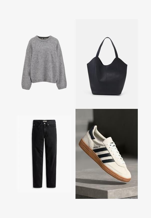 Blød lysegrå strikket sweater med lange ærmer og ribbede manchetter, kant og rund halsudskæring.; Sorte straight-leg jeans med knap- og lynlåslukning, bæltestropper samt for- og baglommer, vist fladt på hvid baggrund.; Hvide ruskinds sneakers med marineblå striber, gummisål, struktureret overdel, rund tå og snøring; har branding på siden og tungen.; Sort tote taske lavet af glat læder, med en buet, åben top, to skulderstropper og et minimalistisk design.
