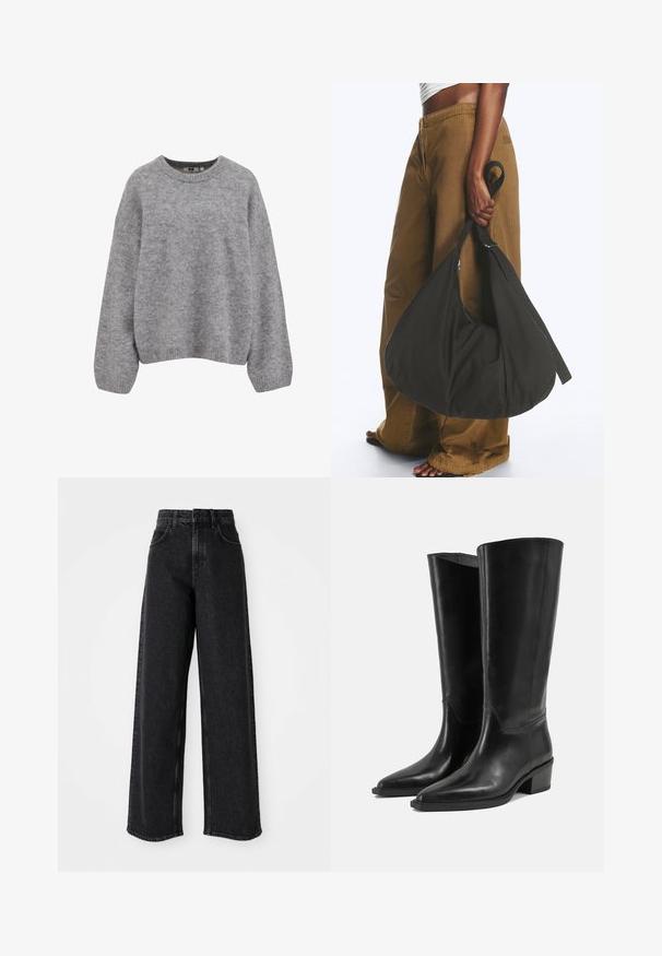 Pull en maille gris clair doux avec manches longues et poignets, ourlet et encolure ras du cou côtelés.; Jean en denim noir à taille haute et jambes larges, avec un design classique à cinq poches et des détails de couture subtils.; Paire de bottes hautes en cuir noir avec des talons bas carrés et des bouts pointus sur un fond clair uni.; Personne portant un pantalon marron à jambes larges et un haut blanc tenant un grand sac à main noir souple par sa lanière à côté d'elle.