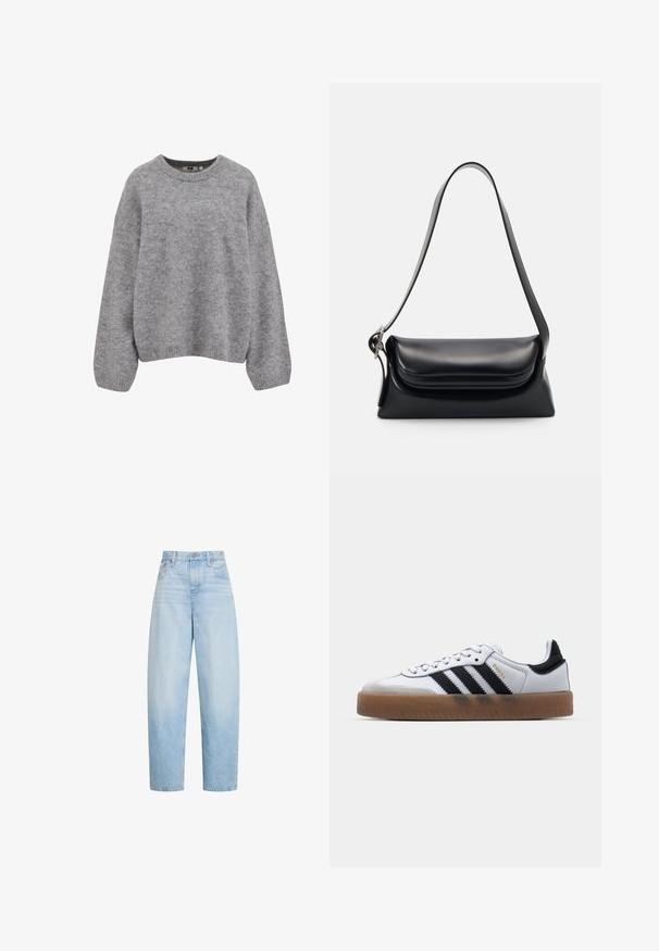 Blød lysegrå strikket sweater med lange ærmer og ribbede manchetter, kant og rund halsudskæring.; Lyseblå jeans med højtaljede og lige ben, med forlommer, bælteløkker og knaplukning.; Hvide lædersneakers med sorte striber, gummirubber sål, rund tå, snørelukning og blød grå ruskinds tåhætte.; Sort læderhåndvask med en struktureret form, en glat overflade og en enkelt skulderrem. Har et subtilt, rundet klapdesign.