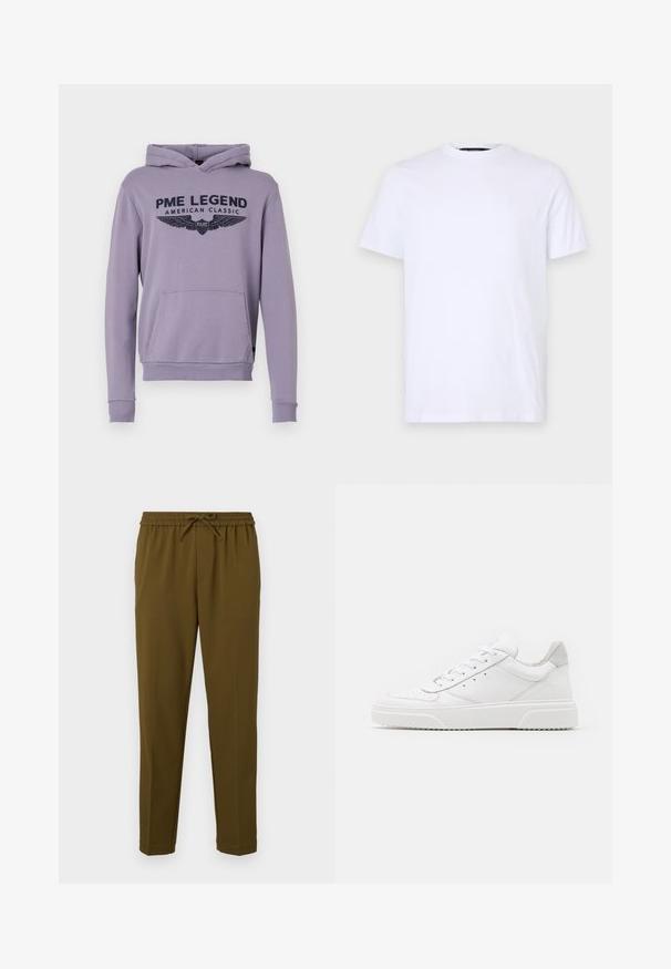 Paarse hoodie van zacht materiaal met een voorzak, geribde manchetten en een grafische print met de tekst "PME LEGEND AMERICAN CLASSIC."; Witte katoenen t-shirt met korte mouwen, ronde halslijn, voorzien van een subtiele reliëflogo op de linkerborst, met een soepele textuur.; Olijfgroene, lichtebroek met een elastische tailleband en verstelbare trekkoord. Heeft rechte pijpen en geen zakken. Gladde textuur.; Witte leren sneakers met een gladde afwerking, ronde neus, platte veters en een gestructureerde zool. Grijze suède accent bij de hiel.