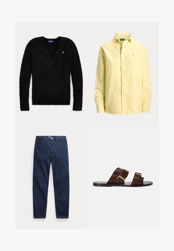 Pull noir torsadé à col en V, manches longues, avec un petit logo blanc Polo Ralph Lauren sur la poitrine gauche.; Chemise jaune à manches longues avec boutons, col et petit logo brodé sur la poitrine gauche.; Jean en denim bleu foncé avec cinq poches, fermeture par bouton et coupe droite, posé à plat sur un fond blanc.; Sandales mule en cuir marron avec deux larges brides à boucles couleur or, une semelle plate et des détails de couture minimalistes.