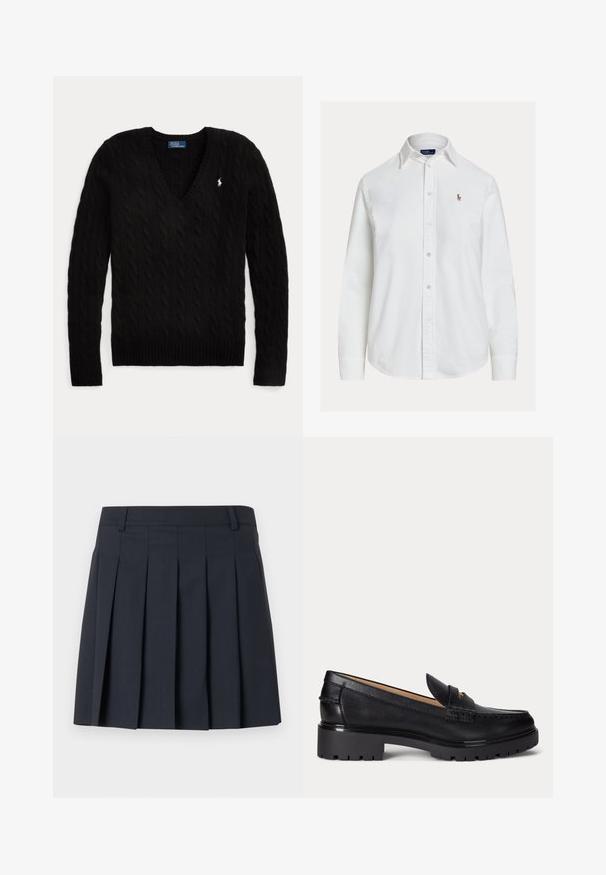 Pull noir torsadé à col en V, manches longues, avec un petit logo blanc Polo Ralph Lauren sur la poitrine gauche.; Chemise blanche à manches longues, boutonnée avec col et petit logo brodé sur la poitrine gauche, présentée sur fond uni.; Jupe plissée bleu foncé avec une ceinture plate, fabriquée en tissu lisse. Elle présente plusieurs plis verticaux et une coupe ajustée.; Mocassin en cuir noir avec semelle épaisse à relief, talon bas et bride décorative sur le devant.