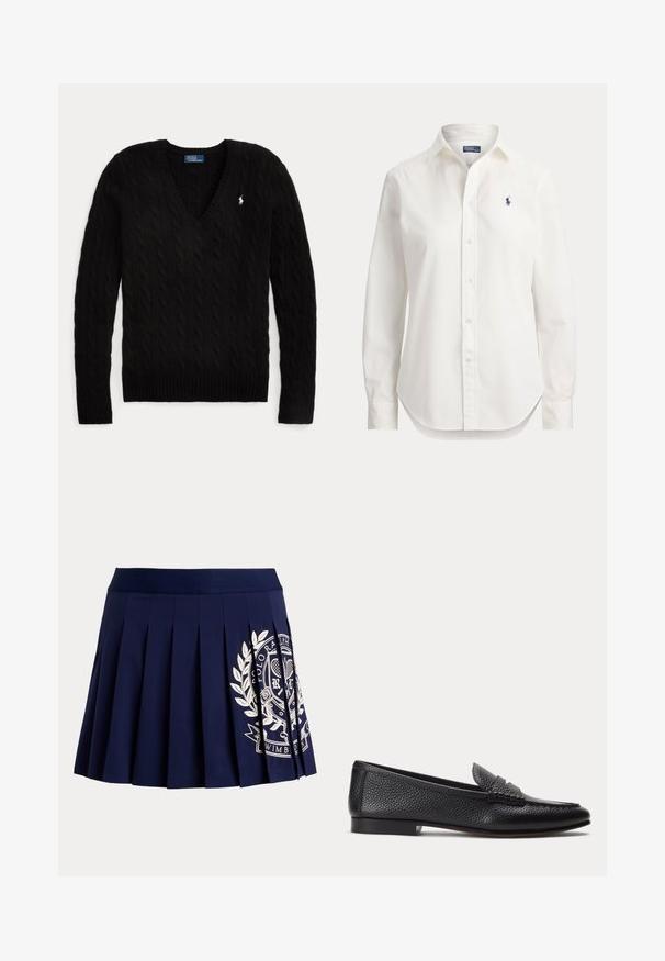 Pull noir torsadé à col en V, manches longues, avec un petit logo blanc Polo Ralph Lauren sur la poitrine gauche.; Chemise blanche à manches longues avec boutons, col et petit logo bleu d’un joueur de polo sur la poitrine gauche.; Jupe plissée bleu marine avec une large ceinture et un logo blanc à thème tennis sur le bas à droite.; Mocassin en cuir texturé noir avec petit talon et détail classique de bride à pièce, présenté de profil sur un fond clair uni.