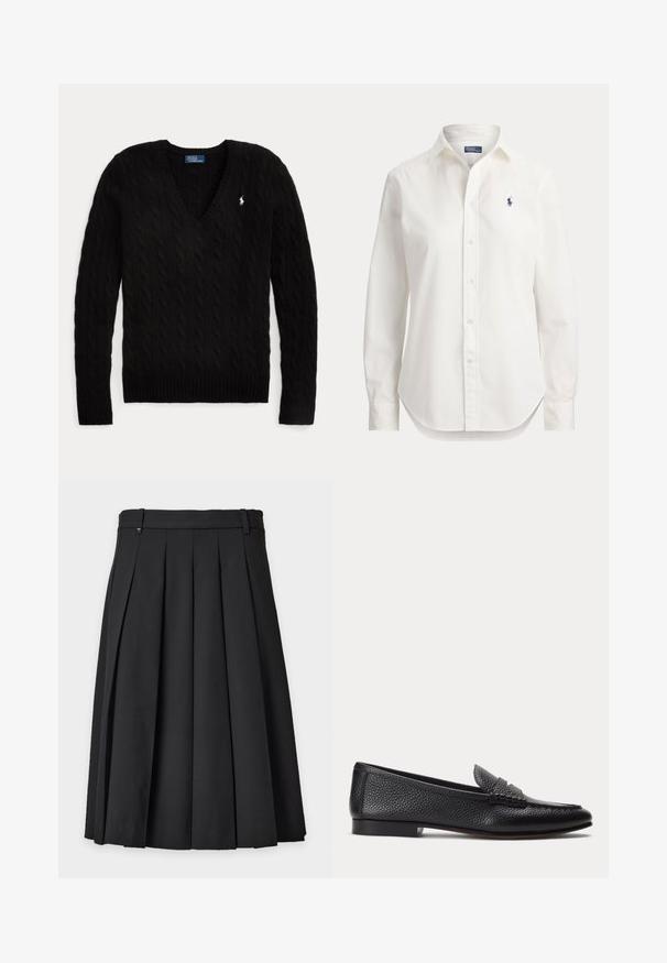 Pull noir torsadé à col en V, manches longues, avec un petit logo blanc Polo Ralph Lauren sur la poitrine gauche.; Chemise blanche à manches longues avec boutons, col et petit logo bleu d’un joueur de polo sur la poitrine gauche.; Jupe noire plissée longueur genou avec passants pour ceinture et petite étiquette logo rectangulaire près de la taille sur fond uni.; Mocassin en cuir texturé noir avec petit talon et détail classique de bride à pièce, présenté de profil sur un fond clair uni.