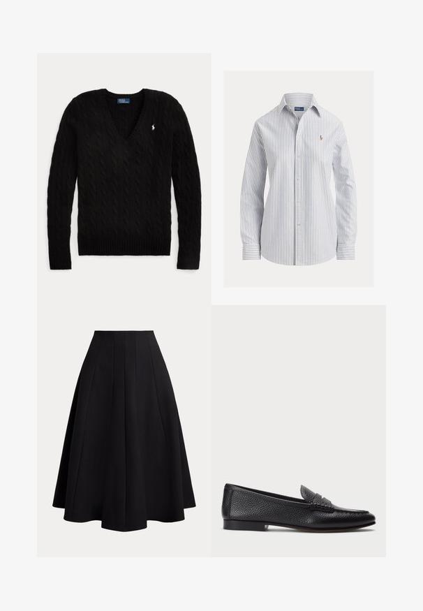 Mustast kaablikootud V-kaelusega kampsun pikkade varrukatega ja väike valge Polo Ralph Laureni logo vasakul rinnal.; Valge nööpidega särk õhukeste vertikaalsete siniste triipudega, pikad varrukad, terava kraega ja väikese tikitud logoga rinnal.; Must have A-line seelik, millel on sobiv vöökohus, volditud disain, sile tekstuur ja põlvepikkune lõike, valmistatud kergest kangast.; Must värvi nahast loafer tekstureeritud viimistlusega, dekoratiivse rihmaga ja madala kanna ning sileda, minimalistliku disainiga ümmarguse ninaga.