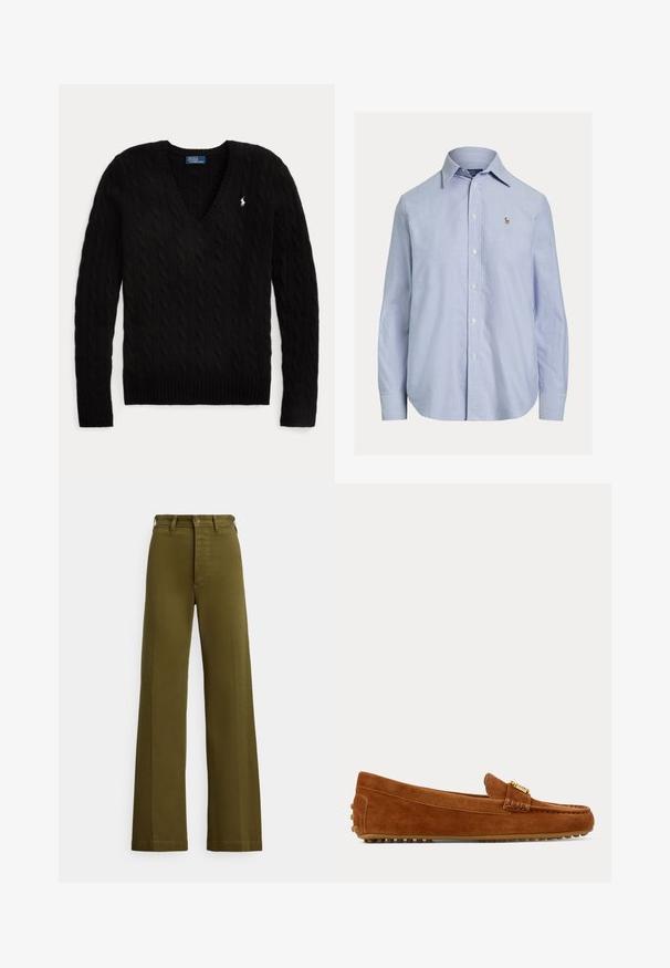 Čierny sveter s pleteným vzorom à la vrkoč, V-výstrihom, dlhými rukávmi a malým bielym logom Polo Ralph Lauren na ľavej strane hrude.; Svetlomodrá košeľa s dlhým rukávom na gombíky, so špicatým golierom a malým vyšitým logom na ľavej strane hrude.; Kaki nohavice širokého strihu vyrobené z bavlnenej tkaniny. Majú vysoký pás, zapínanie na gombíky vpredu a rovné nohavice s plnou dĺžkou.; Hnedý semišový mokasín so zlatou prackou a gumovou podrážkou s hrubým vzorom, zobrazený z boku na jednofarebnom pozadí.