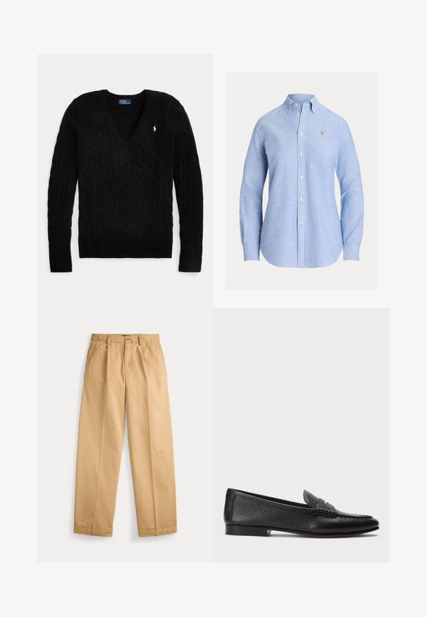 Sort kabelstrikket V-hals sweater med lange ærmer og et lille hvidt Polo Ralph Lauren-logo på venstre bryst.; Lyseblå skjorte med lange ærmer og knapper, med knappelukket krave og lille broderet logo på venstre bryst.; Beige bukser med lige ben, lukning med knap og lynlås, forlommer, bæltestropper og pressede folder ned langs benene.; Sorte læder loafers med struktureret finish, der har en dekorativ rem og flad hæl. Slank, minimalistisk design med rund tå.