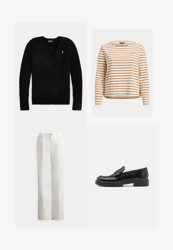 Sort kabelstrikket V-hals sweater med lange ærmer og et lille hvidt Polo Ralph Lauren-logo på venstre bryst.; Stribet langærmet skjorte i creme med brune vandrette striber, med rund halsudskæring, brystlomme og knapdetaljer på skuldrene.; Hvide bukser med lige ben og blød tekstur, med lukning foran med knapper og klassiske lommer. Rent, minimalistisk design.; Sorte patenterede lædersko med rund tå, let syningdetaljer og en tyk, robust gummisål. Har en dekorativ toprem.