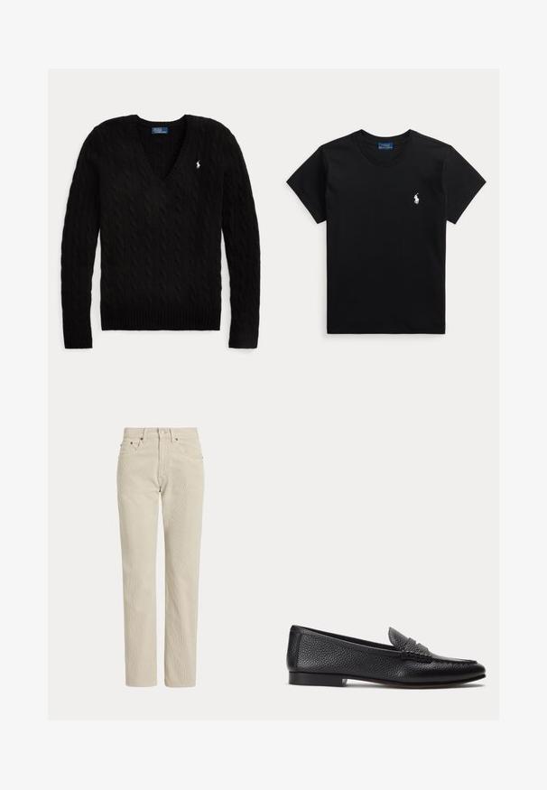 Pull noir torsadé à col en V, manches longues, avec un petit logo blanc Polo Ralph Lauren sur la poitrine gauche.; T-shirt noir manches courtes col rond avec petit logo blanc joueur de polo sur la poitrine gauche et étiquette bleue à l’intérieur du col.; Pantalon en velours côtelé beige droit avec passants de ceinture, bouton à l'avant, fermeture éclair et poches avant.; Mocassin en cuir texturé noir avec petit talon et détail classique de bride à pièce, présenté de profil sur un fond clair uni.