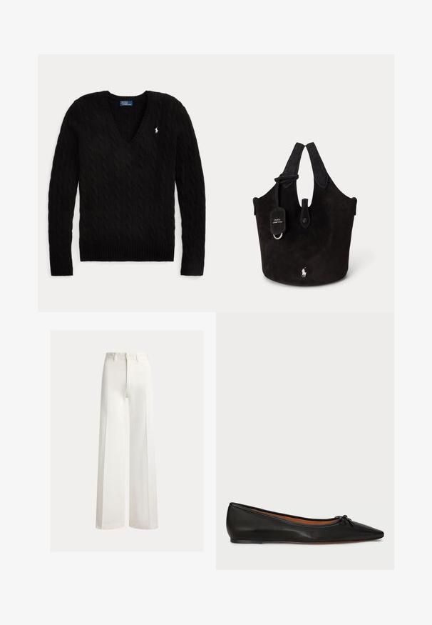 Pull noir torsadé à col en V, manches longues, avec un petit logo blanc Polo Ralph Lauren sur la poitrine gauche.; Pantalon blanc taille haute à jambes larges avec passants pour ceinture et fermeture avant à boutons, présenté sur un fond uni.; Ballet flat en cuir noir avec un bout pointu, une silhouette élancée et un petit nœud à l'avant. Texture lisse et design minimal.; Sac fourre-tout en daim noir avec deux anses, une petite étiquette logo et un emblème de cheval blanc Polo Ralph Lauren à l’avant.