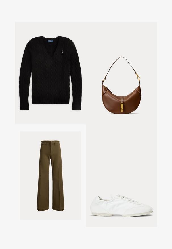 Pull noir torsadé à col en V, manches longues, avec un petit logo blanc Polo Ralph Lauren sur la poitrine gauche.; Pantalon large vert olive avec passants de ceinture, bouton à l'avant et fermeture éclair, présenté sur un fond uni.; Basket blanche profil bas avec lacets, panneau latéral en tissu lisse et semelle souple et flexible.; Sac à main en cuir marron en forme de croissant avec une seule bandoulière et une étiquette rectangulaire dorée comportant un logo de cheval.