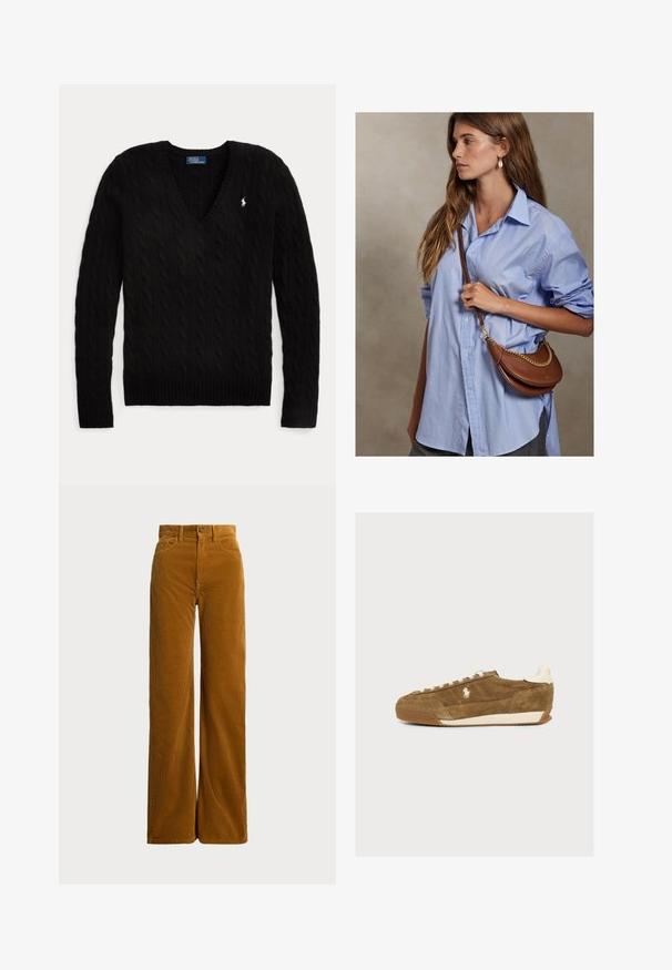 Čierny sveter s pleteným vzorom à la vrkoč, V-výstrihom, dlhými rukávmi a malým bielym logom Polo Ralph Lauren na ľavej strane hrude.; Polo Ralph Lauren COTTON CORDUROY WIDE-LEG PANT - Nohavice - tan; Hnedá semišová teniska s bielymi šnúrkami, bielymi detailmi na podrážke a malým bielym vyšitým logom koňa na boku.; Mladá žena s dlhými hnedými vlasmi, ktorá nosí svetlomodrú voľnú košeľu a drží hnedú koženú crossbody kabelku so zlatým reťazcom.