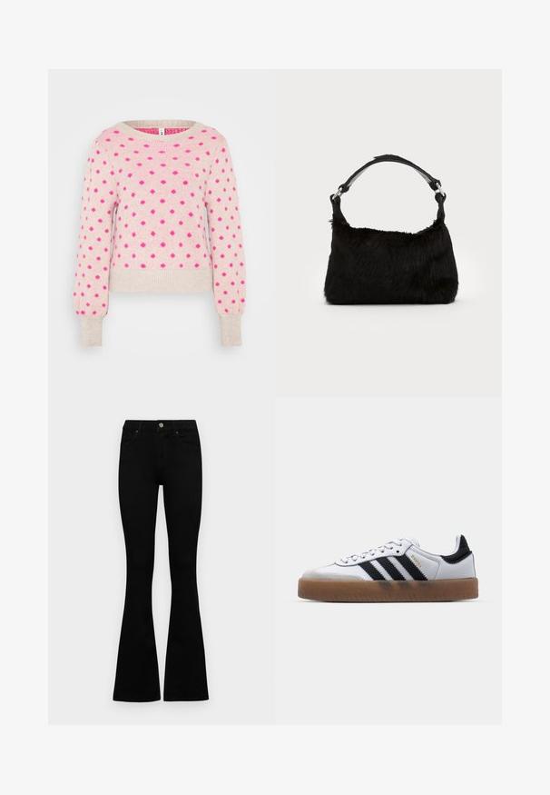 Roze gebreide trui met textuur, featuring verhoogde fuchsia stippen en een wijde halslijn. Strak aansluitende manchetten en een cropped silhouet.; Zwarte hoge taille jeans met een knoop- en ritssluiting, voorzakken en een flared pijp, plat gelegd op een witte achtergrond.; Witte leren sneakers met zwarte strepen, gumrubberen buitenzool, ronde neus, vetersluiting en een zachte grijze suède neuskap.; Zwarte neplederen handtas met een zachte textuur, ronde vorm en een stevige zwartleren schouderband. Zilveren hardwareaccenten zichtbaar.