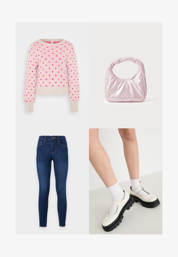 Vaaleanpunainen neulepusero, jossa on teksturoitu kangas, jossa on kohotettuja fuksia pisteitä ja leveä kaula-aukko. Tiukat hihansuut ja lyhyt siluetti.; Tummansinisiä denim-farkkuja korkealla vyötäröllä, klassinen viiden taskun muotoilu, hienovaraiset kontrastitikkaukset ja metallinen napitus.; Valkoiset patenttNahka Mary Jane -kengät, joissa on paksu musta pohja, ja joissa on hihna jalkapöydän yli, käytettyjen valkoisten sukkien kanssa.; Vaaleanpunainen, pehmustettu käsilaukku, jossa on pyöristetty muotoilu ja joka on valmistettu kiiltävästä materiaalista. Siinä on rypistetty kahva ja vetoketjukiinnitys turvallista pääsyä varten.