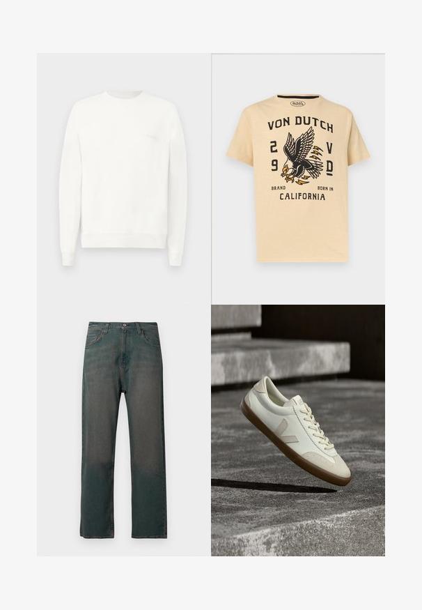 Weißes Sweatshirt mit Rundhalsausschnitt aus weichem Stoff, mit gerippten Bündchen und Saum, und einem dezenten, in hellgrau auf der Brust gedruckten Logo.; Beiges T-Shirt mit großem schwarzem und orangefarbenem Adler-Design, dem Schriftzug "Von Dutch", den Zahlen "29" und "V D" sowie dem Text "Brand Born in California".; Dunkelgrüne Jeans aus Denim mit geradem Bein, ausgestattet mit einem klassischen Fünf-Taschen-Design und kontrastierenden Nähten entlang der Nähte.; Weiße Leder-Sneaker mit beige-gummiartiger Sohle, flachen Schnürsenkeln und V-förmigem Akzent an der Seite. Verfügt über eine glatte Oberfläche und minimale Nahtdetails.