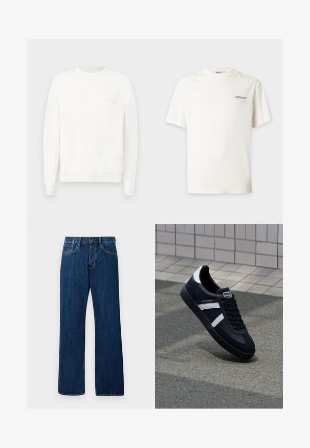 Weißes Sweatshirt mit Rundhalsausschnitt aus weichem Stoff, mit gerippten Bündchen und Saum, und einem dezenten, in hellgrau auf der Brust gedruckten Logo.; Weißes kurzärmeliges T-Shirt mit kleinem blauem "REPLAY" Logo auf der linken Brust und rundem Halsausschnitt.; Dunkelblaue Jeans aus Denim, gerade Beinform, mittlere Bundhöhe, klassischer Fünf-Taschen-Stil und leichte Verblassung, mit einem Metallknopfverschluss.; Schwarze Leder-Sneaker mit weißen Streifen, strukturiertem Gummisohle und Schnürung. Verfügt über ein Markenetikett auf der Zunge.