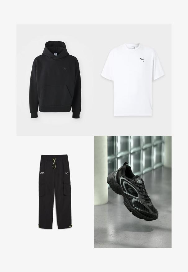 Musta kapuutsiga sviiter, mis on valmistatud pehmest kangast, esifööniga ja rinna peal halli värvi diskreetse Puma logoga. Igapäevane disain koos soonikute mansettidega.; Valge lühikeste varrukatega ümarsärg, millel on vasakul rinnal väike must Puma logo hele taustaga.; Puma STATEMENT PANTS - Kargopüksid - black; Mustad sportkinga, mis on valmistatud võrgust ja sünteetilisest materjalist, omades tekstureeritud tallaga, sujuva disaini, hõbedaseid aktsente ja ees paeltega kinnitust.