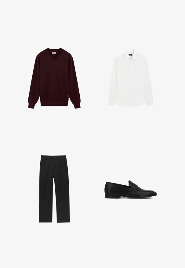Pull en V bordeaux en laine douce. Doté de manches longues et de poignets et d'un ourlet côtelés. Petit logo sur la poitrine.; Chemise blanche pour homme à manches longues, avec fermeture à boutons devant et col classique, affichée sur un fond blanc uni.; Pantalons noirs au design droit, fabriqués à partir d'un tissu lisse. Dotés de plis sur le devant et d'une fermeture à un bouton à la taille.; Mocassin pour homme en cuir noir avec talon bas, bout arrondi et bride décorative sur le dessus, présenté de profil sur fond blanc.