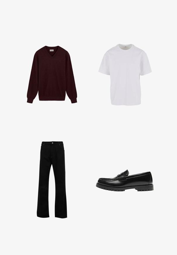 Pull en V bordeaux en laine douce. Doté de manches longues et de poignets et d'un ourlet côtelés. Petit logo sur la poitrine.; T-shirt blanc à manches courtes en coton doux, avec un col rond et une coupe décontractée à ourlet droit. Aucun motif ni accent visible.; Jean noir à jambes droites avec fermeture à boutons et fermeture éclair à l'avant, passants pour ceinture et poches avant, présenté sur un fond blanc.; Mocassin en cuir noir avec une semelle en caoutchouc épaisse et un détail classique de bride à monnaie, vu de côté extérieur.