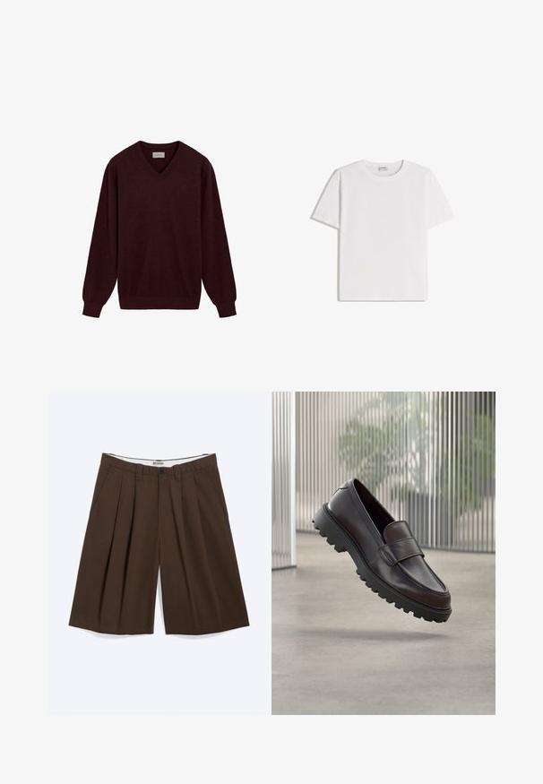 Pull en V bordeaux en laine douce. Doté de manches longues et de poignets et d'un ourlet côtelés. Petit logo sur la poitrine.; T-shirt en coton blanc avec un col rond et des manches courtes. Présente une coupe classique et carrée, sans motifs ni accents visibles.; Shorts marron plissés longueur genou avec poches latérales, passants pour ceinture et fermeture par bouton, étiquetés « WEEKDAY » sur la ceinture intérieure.; Chaussure à enfiler en cuir marron avec un bout rond et une semelle en caoutchouc noire robuste. Présente une bride décorative traversant le coup de pied.