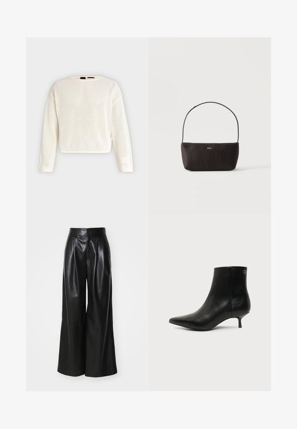 Pull blanc à manches longues en maille lâche, col rond et coupe légèrement courte, présenté sur un fond uni.; Pantalons large en faux cuir noir, taille haute, avec un devant plissé et une texture lisse. Caractéristiques d'un design épuré et minimaliste.; Bottine en cuir noir avec bout pointu et petit talon kitten sur fond clair, vue côté extérieur.; Sac à main noir tissé texturé avec une seule bandoulière et un petit logo doré "BOSS" au centre devant.
