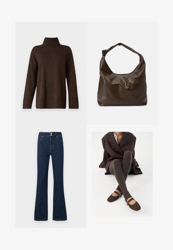 Brun strikket sweater med høj ribkant, brede ærmer og en blød tekstur. Har en afslappet pasform og ribbede detaljer på ærmerne.; Mørkeblå denimjeans med høj talje, dobbelt knaplukning, forlommer og let udvidede ben.; Brune ribbede knæhøje sokker parret med brune ruskinds Mary Jane sko med en dekorativ rem og spænde, båret med en mørk frakke.; Brun flettet lædertaske med en blød, slasket form, et enkelt håndtag og en tekstureret overflade. Den har en blød, blank finish og afrundede kanter.